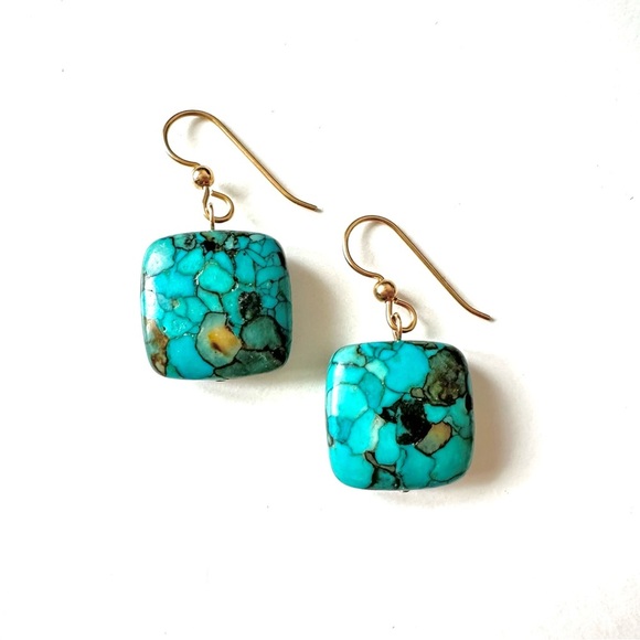 Tesoro Del Sol Jewelry - Square Mosaic Turquoise Drop Earrings Gold Filled French Hooks